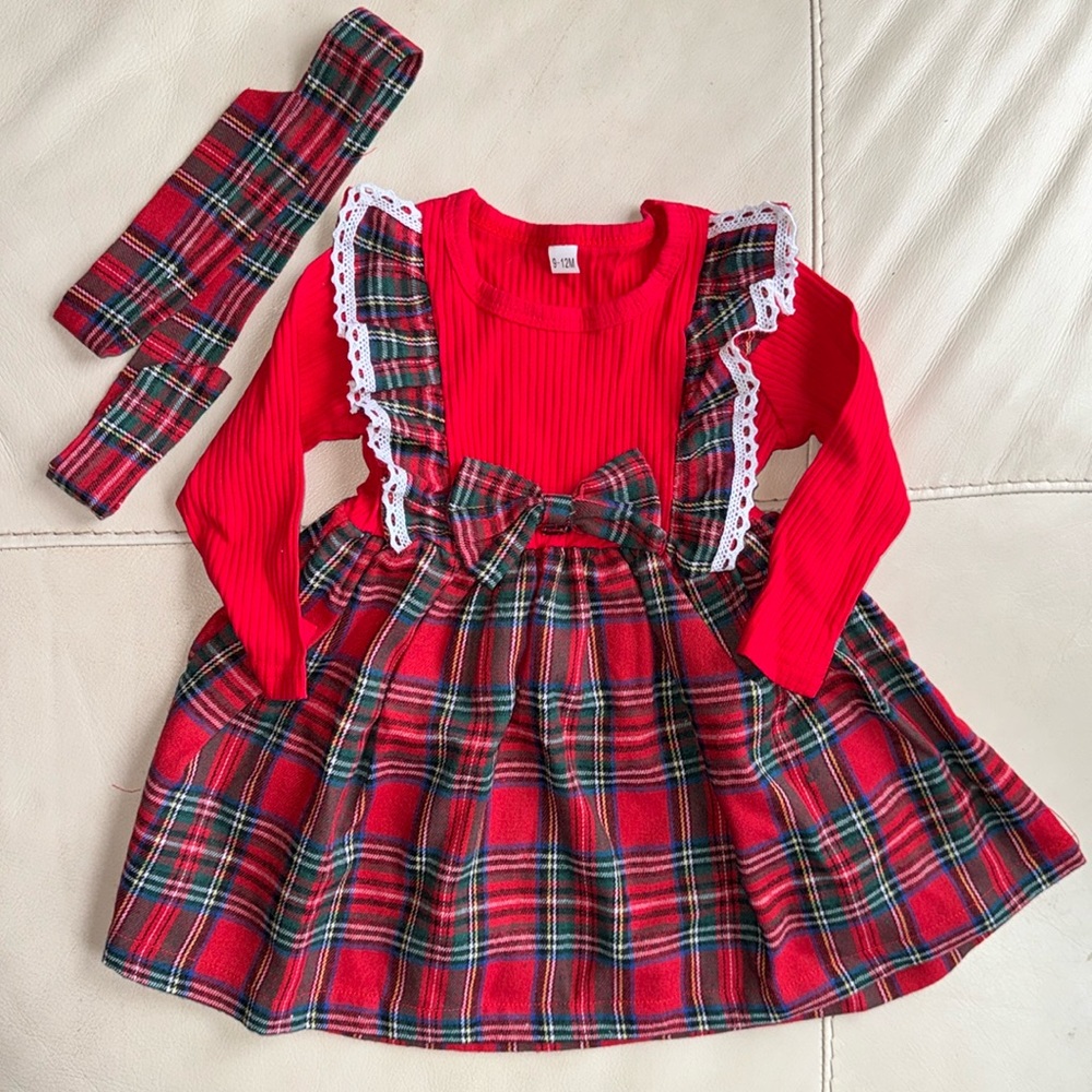New Plaid Long Sleeve Dress with Headband